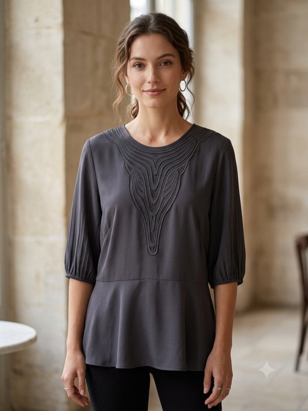 NWT White House Black Market Black Inset Crew Neck Blouse Whimsigoth Size 10